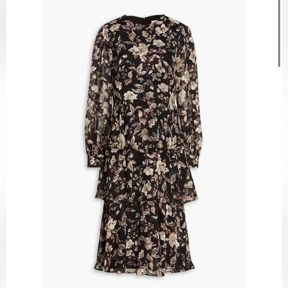 Mikael Aghal Tiered Floral Print Jacquard Midi Dress